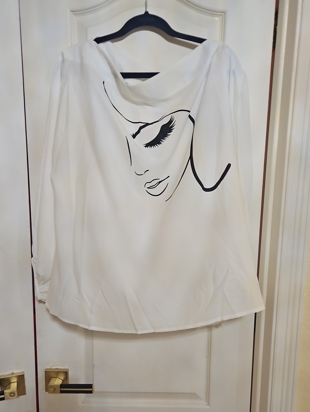 White Cowl-Neck Blouse with Minimal Face Graphic